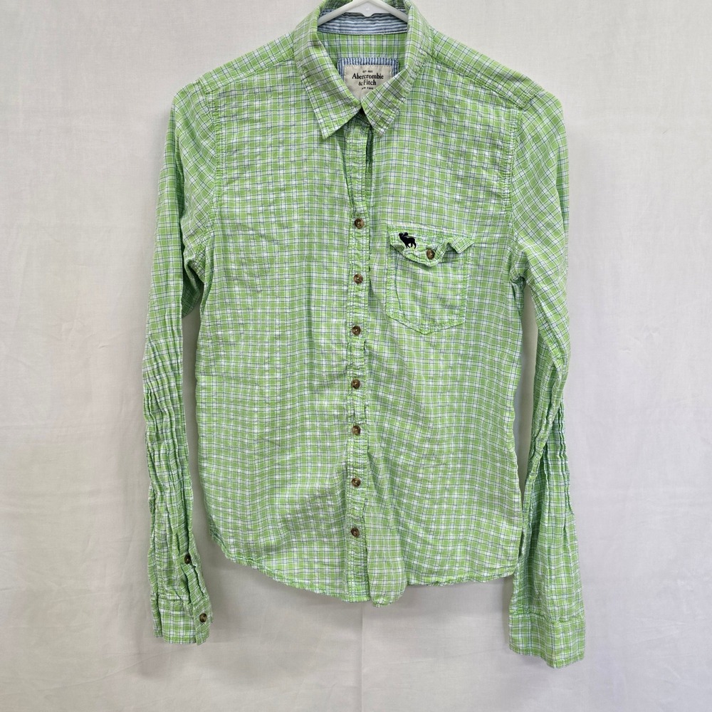 Abercrombie & Fitch Womens Green Plaid Button Down Shirt Moose Logo‎ Size M